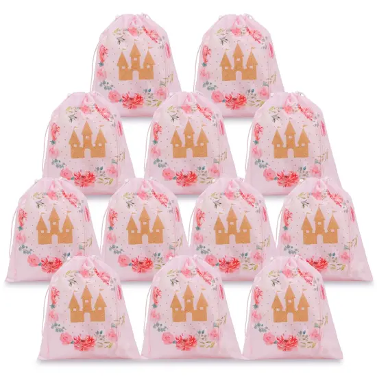 12 Pack Pink Drawstring Gift Bags for Princess Birthday Party Favors, Castle and Rose Print (10 x 12 In) {1}