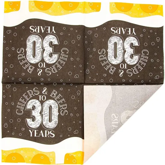Cheers & Beers Paper Napkins for 30th Birthday Party (6.5 x 6.5 In, 100 Pack) Black {6}
