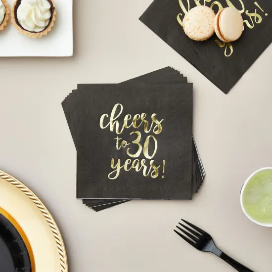 50 Pack Cheers to 30 Years Cocktail Napkins for 30th Birthday, Anniversary Party Supplies, 3-Ply, Black and Gold Foil (5 x 5 In) {2}