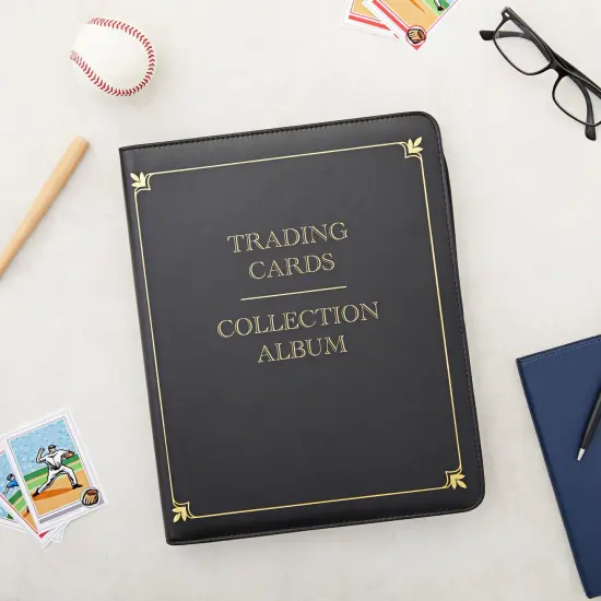 9 Pocket Trading Card Binder with Zipper for Baseball, Gaming, and Sports Cards, Black and Gold Faux Leather, Holds up to 360 Cards (14 x 11 In) {2}