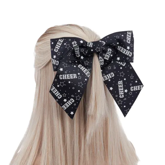 20 Pack 8 Inch Cheer Bows for Cheerleaders, Elastic Ponytail Holders for Women and Girls, Large Bulk Polyester Hair Ribbons for Softball, Volleyball, Gymnastics (2 Designs, Black) {3}