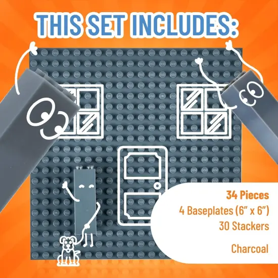 Strictly Briks Classic Stackable Baseplates, Building Bricks For Towers, Shelves, and More, 100% Compatible with All Major Brands, Charcoal Gray, 4 Base Plates & 30 Stackers, 6x6 Inches, Ages 3-14 Grey {3}