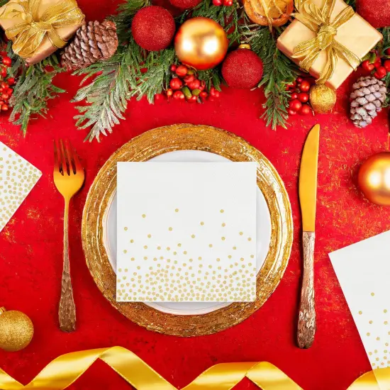 100 Pack Disposable White and Gold Paper Cocktail Napkins for Wedding Reception, Polka Dot Party Supplies (5 x 5 In) {2}