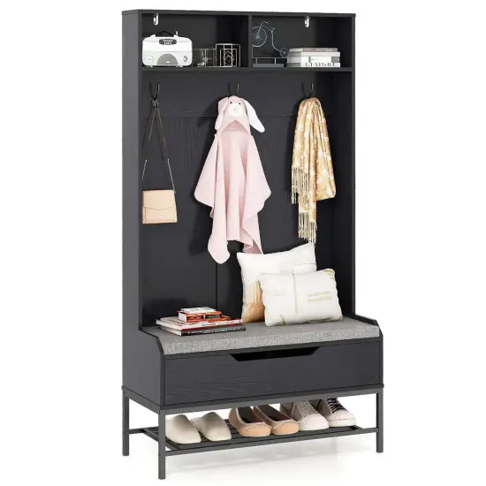 Costway 69" Tall Hall Tree with Seat Cushion Open Compartments Hooks Lift-top Storage White/Black/Rustic Brown {8}
