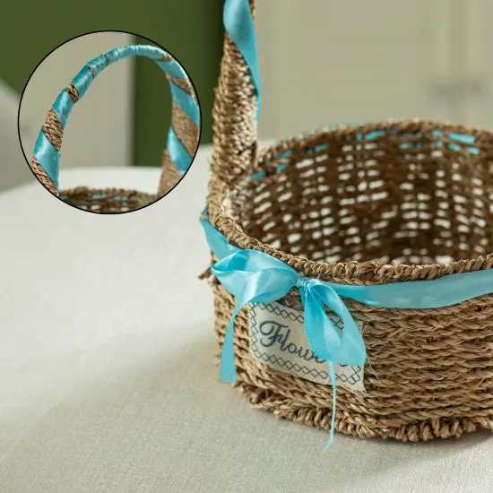 Wickerwise Small Seagrass Wicker Picnic Basket with Handle - Versatile Gift Basket with Blue Ribbon for New Year and Other Occasions, Garden and Home Decor, Natural Wicker Basket and Storage Solution {6}