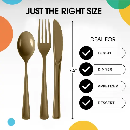 Exquisite Polished Plastic Silverware &ndash; 150 Pcs Heavy Duty Cutlery Set &ndash; 50 Each of Forks, Knives & Spoons &ndash; Disposable Utensil Set for Parties, Events & Catering &ndash; Flatware Set by Party Solids Gold {3}