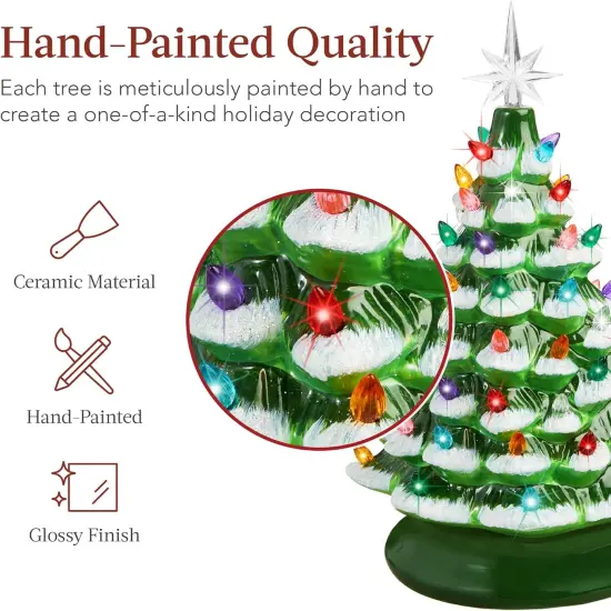 15in Ceramic Christmas Tree Pre-Lit Tabletop Holiday Tree with Star Topper and Multicolored Bulbs Frosted W {2}