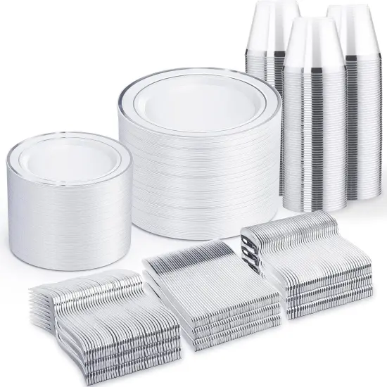 Silver Disposable Dinnerware Set &ndash; 25, 50, 75, 100 Guest Options, Plates, Silverware, Cups for Wedding, Party, Events {4}