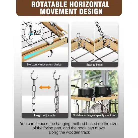 Rectangular Metal Wood Ceiling Pot Rack with Multiple Hooks {2}