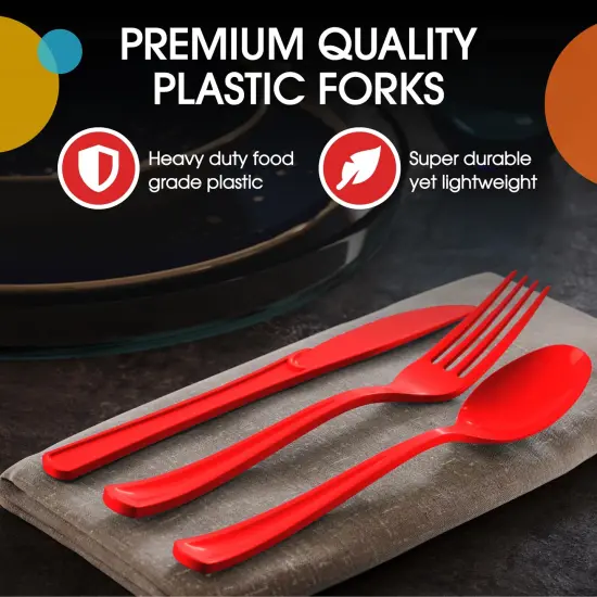 Exquisite Polished Plastic Silverware &ndash; 150 Pcs Heavy Duty Cutlery Set &ndash; 50 Each of Forks, Knives & Spoons &ndash; Disposable Utensil Set for Parties, Events & Catering &ndash; Flatware Set by Party Solids Red {4}