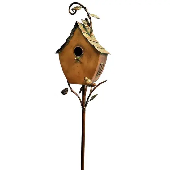 Outdoor Birdhouse with Antique Copper Finish and 3-Prong Garden Stake {2}