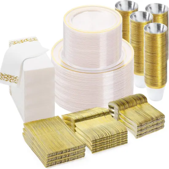 700PCS Gold Disposable Dinnerware Set &ndash; Plates, Cutlery, Cups & Napkins for 100 Guests {2}