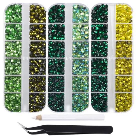4500pcs+ Flatback Glass Hotfix Iron On Rhinestones Crystal for DIY Making with 1 Tweezer & 1 Picking Pen for Shoe, Cloth, Face Art, Bag, Manicure(3-Sizes, 5-colors, Green Color Series) {1}