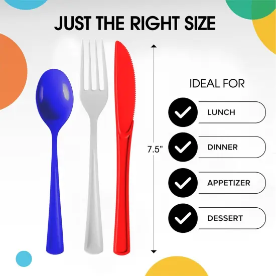 Exquisite Polished Plastic Silverware &ndash; 150 Pcs Heavy Duty Cutlery Set &ndash; 50 Each of Forks, Knives & Spoons &ndash; Disposable Utensil Set for Parties, Events & Catering &ndash; Flatware Set by Party Solids Patriotic {2}