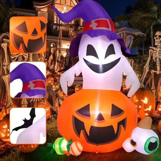 5FT Halloween Inflatable Outdoor Decoration Pumpkin Ghost with Built-in LEDs {2}