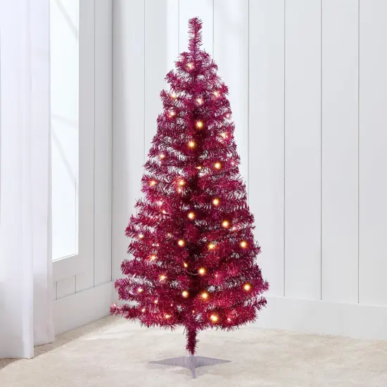 4ft Pre Lit Christmas Tree Mini Artificial Tree with Twinkling LED Lights for Bedroom or Apartment Magenta {1}
