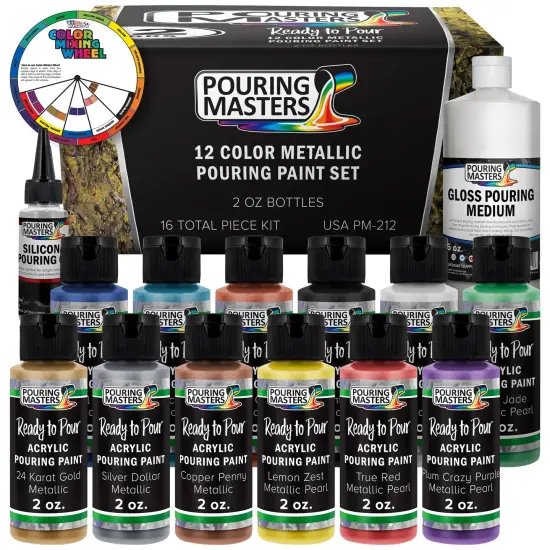 12 Color Metallic Ready to Pour Acrylic Pouring Paint Set, 2oz Bottles, Acrylic Paint Pour Supplies - Silicone Oil & Gloss Medium, Premium Pre-Mixed High Flow 8-Ounce Bottles {1}