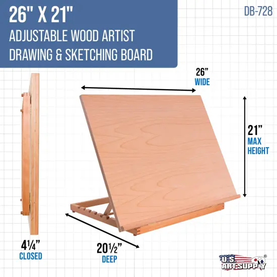 X-Large 26" x 21" Adjustable Wood Art Drawing Board - 6 Angles, Beechwood Construction, Pencil Ledge, 24" T-Square - Ideal for Design, Drafting & Architecture Work {2}