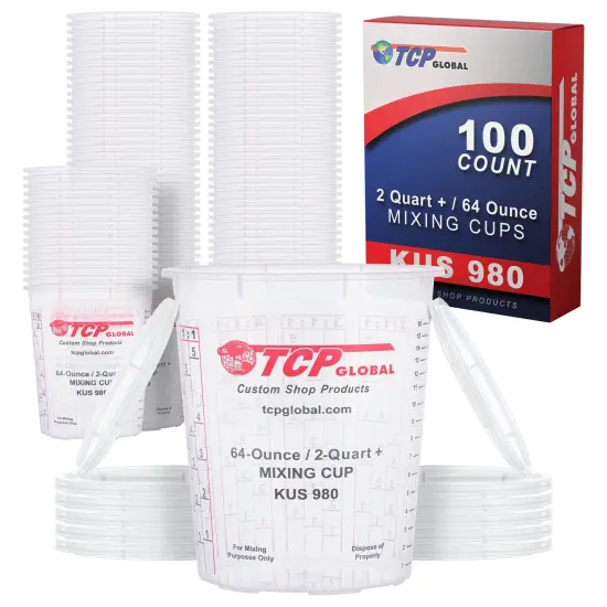 Paint Mixing Cups, 64-Ounce (Box of 100) - Plastic Measuring Cups for Liquids, Automotive Painting, Epoxy Resin, Acrylic Arts, Crafts, Disposable or Reusable, Graduated, Mixing Ratios {1}