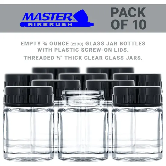 10 Pack TB-001 Empty 3/4 Ounce (22cc) Glass Jar Bottles with Plastic Lids, Paint Storage Bottles, Jars Screw Into Siphon Feed Airbrush Lid Assemblies {2}