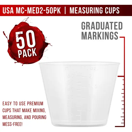 2 Oz (60 ml) Liquid Measuring Cups - Plastic Graduated Cup (50 Pack) with 25 Sticks - Reusable Mixing Cups for Paint, Craft, Kitchen, Lab, Medical Supplies, Epoxy Resin, Art {2}