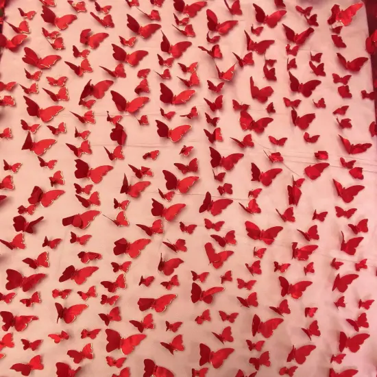 1 Yard Apple Red 3D Butterfly Mesh Fabric with Satin Appliqu&eacute; 54 Inch Wide {1}