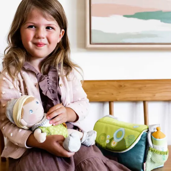 HABA Baby Doll Diaper Bag with Soft Bottle & Reusable Cloth Doll Diapers, Folds into Changing Mat, Toddler Pretend Play Accessories for Ages 18 Mo+ Multicolor {7}