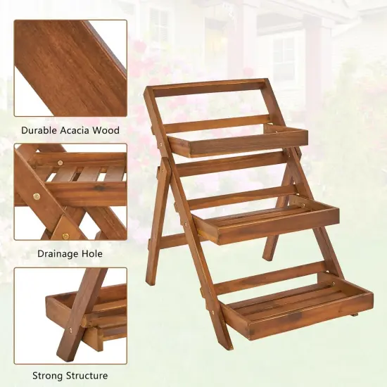 3-Tier Foldable Acacia Wood Plant Stand Display Rack {3}
