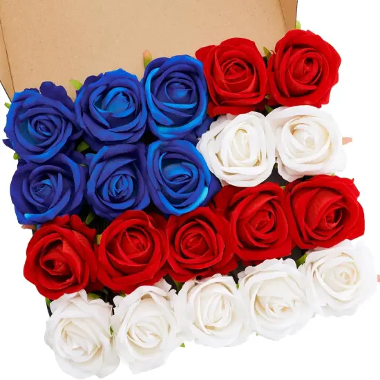 American Flag Artificial Flowers Box, Patriotic Decorations, Red White & Blue Fake Roses {1}