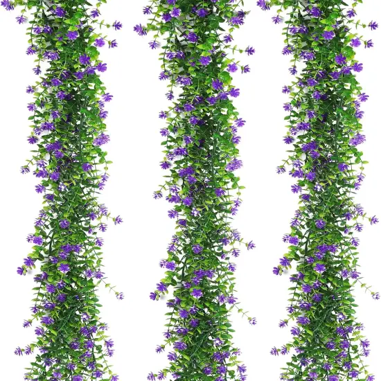 Fake Hanging Eucalyptus Garlands Artificial Vines Plants Eucalyptus Leaves with Flowers Greenery Spring Floral Garland for Home Garden Wedding Wall Arch Party Decoration(Purple) {1}