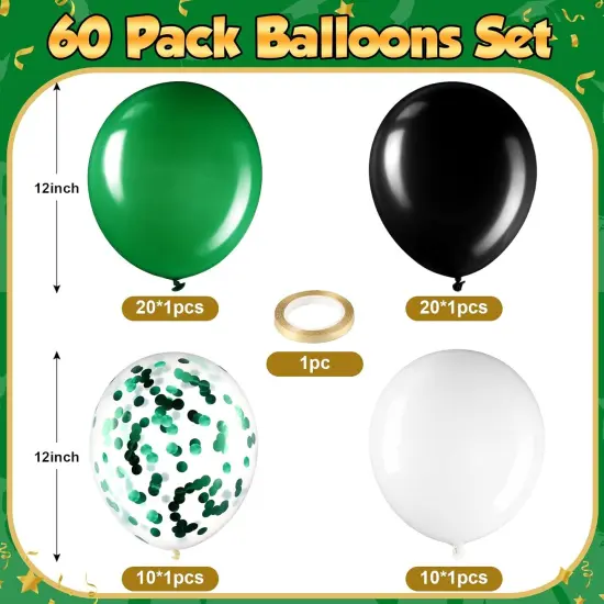 60 Pcs 12 Inch Balloons Kit Confetti Latex Metallic Balloons with 2 Rolls Ribbon Party Favor for Memorial Day, Birthdays, Fourth of July, Halloween Decorations(Black, Green, White) {2}