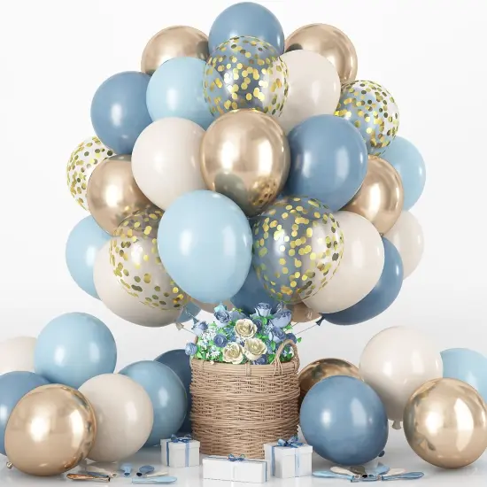 Dusty Blue Balloon Set, 60Pcs 12 Inch Slate Baby Blue White Sand Latex Balloon with Metallic Confetti Champagne Gold Helium Balloons for Birthday Party Baby Bridal Shower Boho Decortaions Supplies {1}