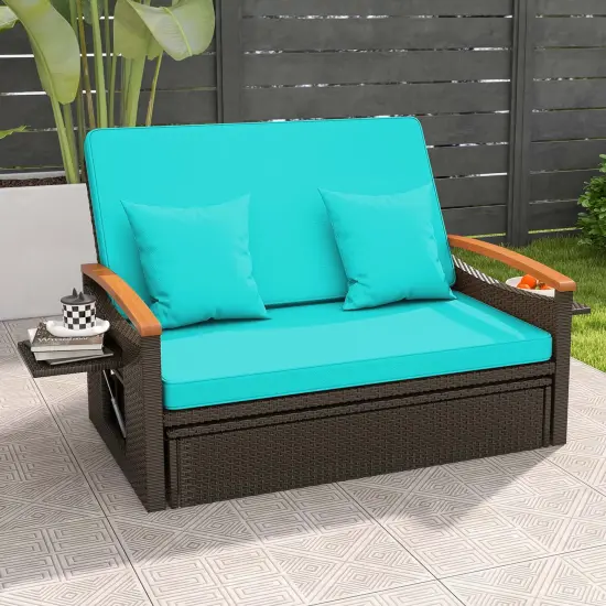 Costway Patio Rattan Daybed Set with Cushioned Loveseat & Storage Ottoman for Porch Beige/Navy/Red/Turquoise/Black/Gray {5}