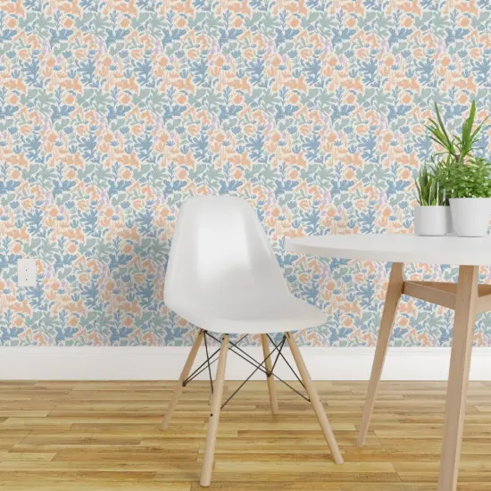 Pre-Pasted Wallpaper 2FT Wide Coastal Coral Reef Underwater Summer Nautical Soft Pastel Blue Orange Serene Simple Beach Ocean Seaside Custom Pre-pasted Wallpaper by Spoonflower {1}