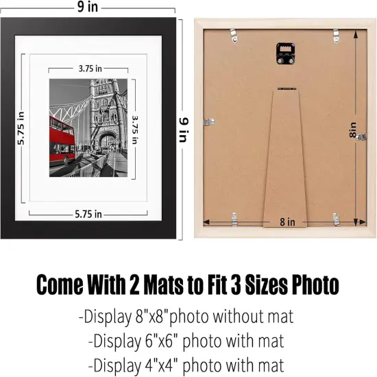 8x8 Picture Frames Black Solid Wood Display Pictures 6x6 or 4x4 with Mat or 8x8 without Mat - 8x8 Inch Square Photo Frames with 2 Mats Multi Photo Frames Collage for Wall or Tabletop Mount, Set of 4 {3}