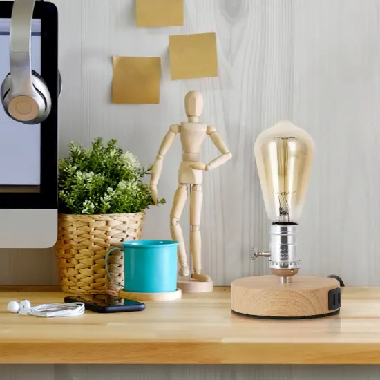 Small Industrial Table Lamp with 2 USB Ports & Wooden Base Vintage Desk Light for Bedroom, Dorm, Nightstand {4}