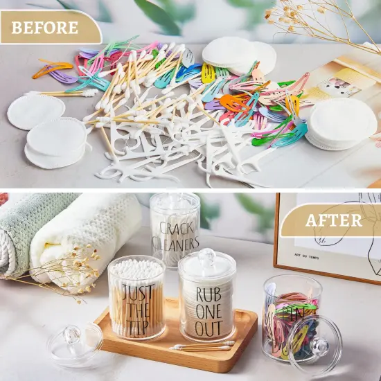 4 Pack Qtip Holder Dispenser with Lids and Labels - 10 oz Acrylic Apothecary Jars Plastic Bathroom Vanity Canister Organizer for Cotton Balls, Pads, Swabs, Floss (Clear) {3}