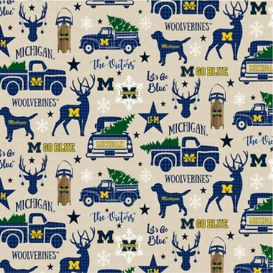 Licensed NCAA University of Michigan Christmas Print MCHG-1213 Cotton Fabric by the Yard {1}