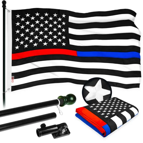 G128 - 5 Feet Tangle Free Spinning Flagpole (Black) Thin Blue&Red Line Flag Brass Grommets Embroidered 2x3 ft (Flag Included) Aluminum Flag Pole {1}