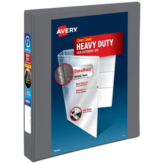 Avery Heavy-Duty View 3 Ring Binder, 1 Inch One Touch Slant Rings, 250-Sheet Capacity, DuraHinge, 1.4 Inch Wide Spine, Customizable Clear Cover and Spine, 1 Dark Gray Binder (79865) {1}