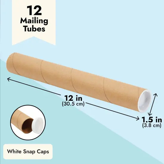 12-Pack Mailing Tubes with Caps, 1.5x12-Inch Kraft Paper Poster Tube for Shipping, Packing, Bulk Round Packaging, Cardboard Mailers, Art Prints, Maps, Blueprint (Brown) {5}