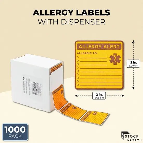Allergy Labels with Sticker Roll Dispenser (2 x 2 In, Neon Orange, 1000 Pack) {2}