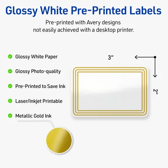 Avery Printable Rectangle Labels, Gold Multi-Lined Border, 2" x 3", Glossy White Rectangle Labels, Permanent, Laser/Inkjet, 80ct, Great for Product Labels {2}