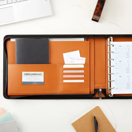 7-Ring Business Check Binder with Zipper for Checkbooks Organization, Brown Zippered Portfolio Organizer, Professional PU Leather Folder Holder for Documents, Cards (15 x 11 x 0.01 inches) {4}