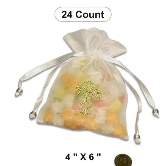 Golden Cross Embroidered Organza Bags 4'' x 6'' Favors {1}
