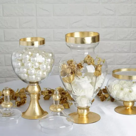 3 pcs 11" 16" 18" tall Clear Glass Gold Trim Apothecary Jars Candy Buffet {3}