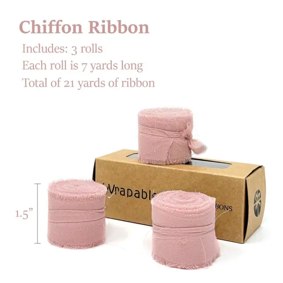 Wrapables Fringe Chiffon Ribbons, 1.5 Inch x 7 Yd Frayed Edges Chiffon Ribbons for Wedding Invitations, Bridal Bouquet, Gift Wrapping, DIY Arts & Crafts (Set of 3), Dusty Rose {2}