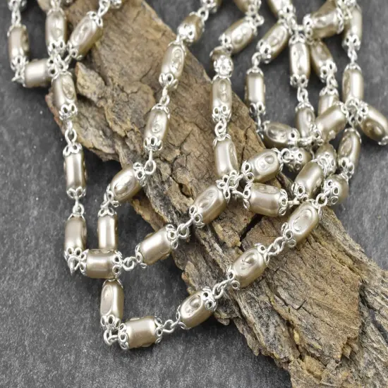 10x5mm Czech Glass Satin Taupe Pearl Chain w/ Bright Silver -- Sold by the foot {3}