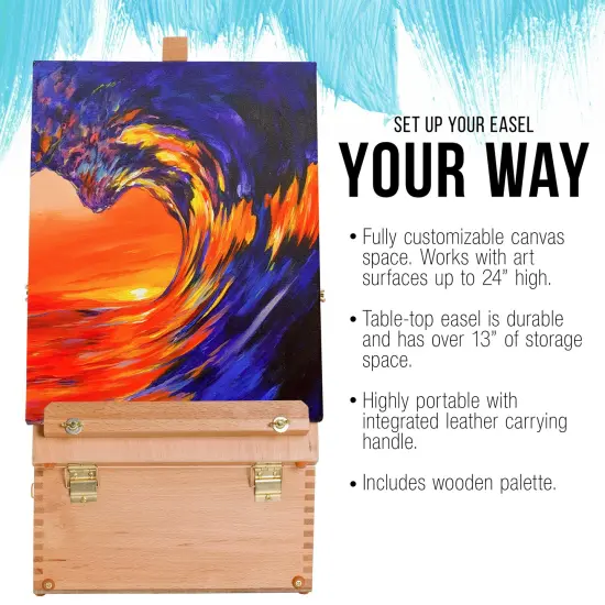 Extra Large 2 Drawer Adjustable Wood Sketchbox Easel with Storage - Portable Artist Desktop Easels for Drawing, Painting, Premium Beechwood - Table top Easel with Paint Palette, Case {4}