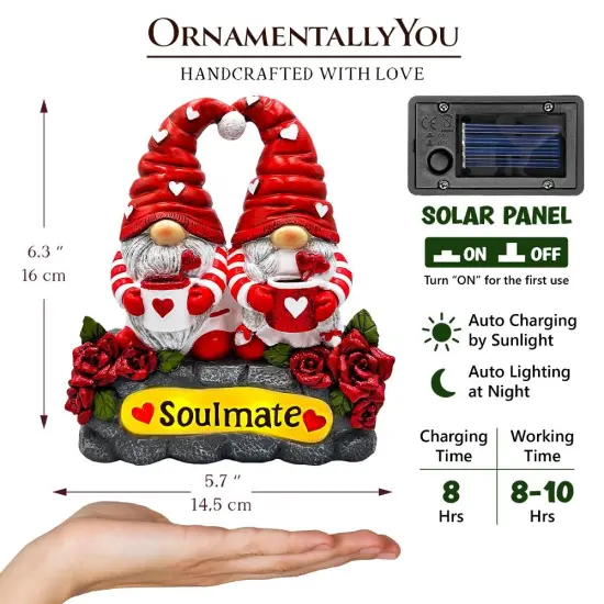 Soulmate Valentine Gnome Couple Solar Powered Figurine, 6" Romantic Room Statue Decoration {3}